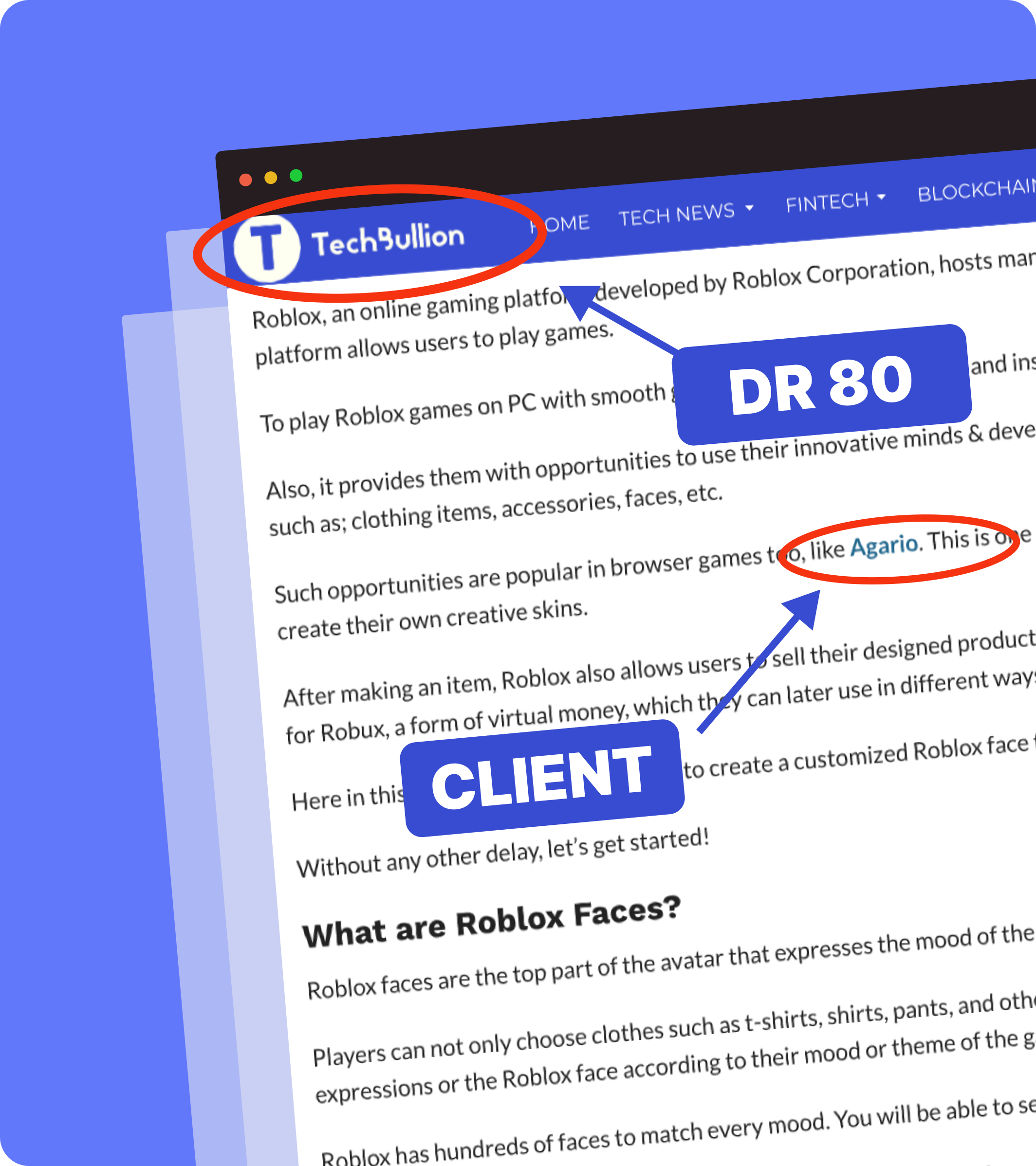 Link building illustration showing website DR score and backlinks